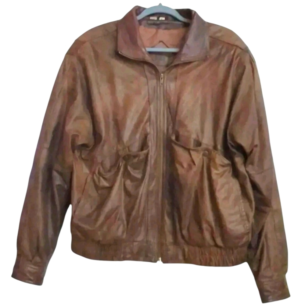 Men’s Chia leather jacket Size Large Vintage Pockets Zip Up Brown